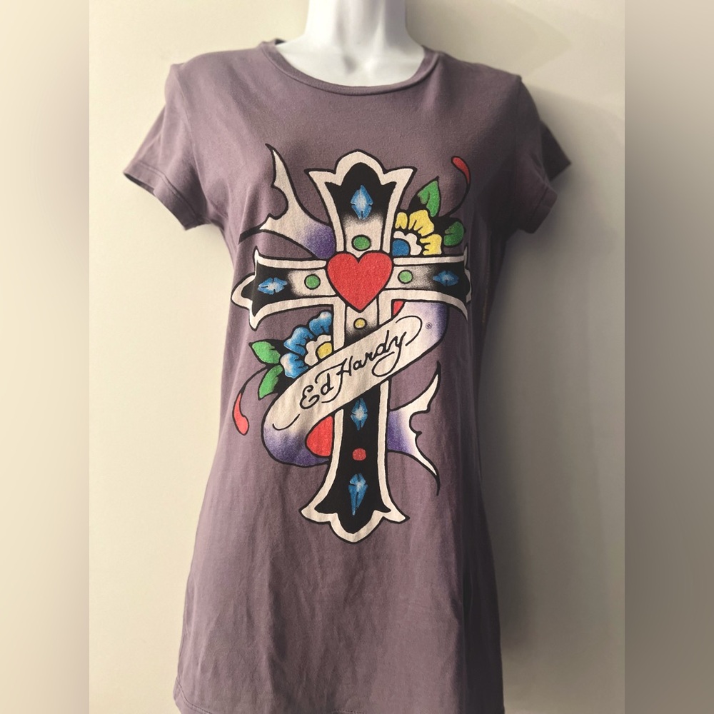 Ed Hardy Gray Small Tee Cross Design